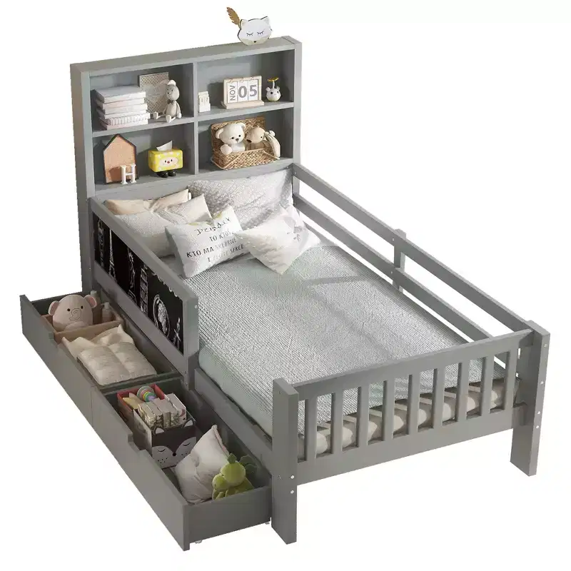 Lit plateforme double/grand format avec tiroirs de rangement et étagères, lit de rangement en bois