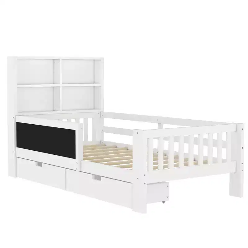 Lit plateforme double/grand format avec tiroirs de rangement et étagères, lit de rangement en bois