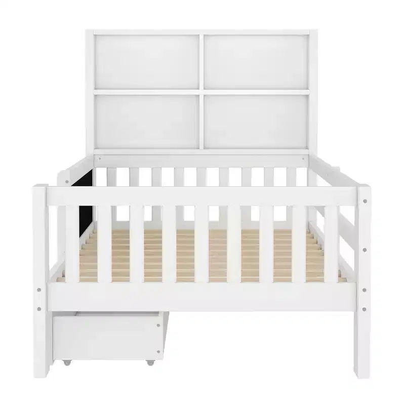 Lit plateforme double/grand format avec tiroirs de rangement et étagères, lit de rangement en bois