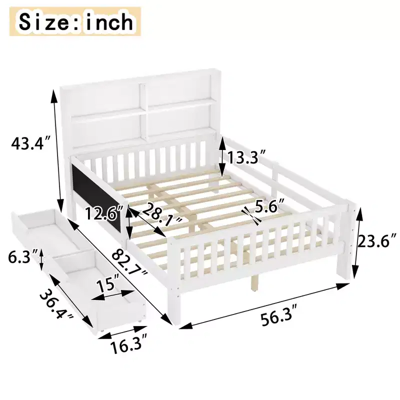 Lit plateforme double/grand format avec tiroirs de rangement et étagères, lit de rangement en bois