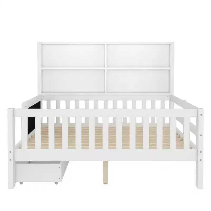 Lit plateforme double/grand format avec tiroirs de rangement et étagères, lit de rangement en bois
