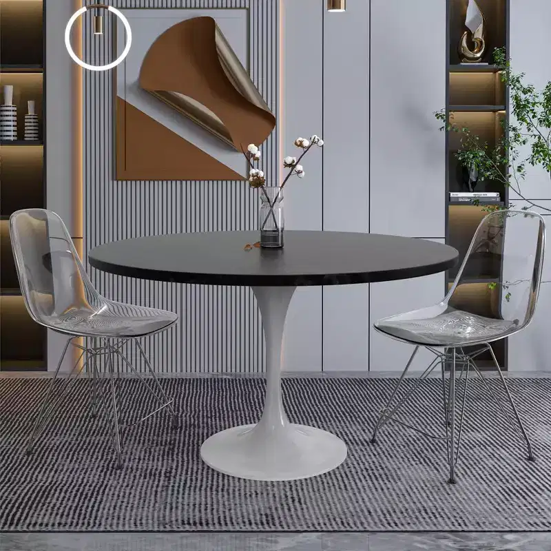 Table moderne du milieu du siècle avec un plateau rond en MDF de 48 pouces et une base piédestal en acier blanc