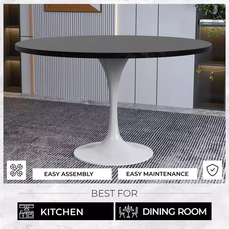 Table moderne du milieu du siècle avec un plateau rond en MDF de 48 pouces et une base piédestal en acier blanc