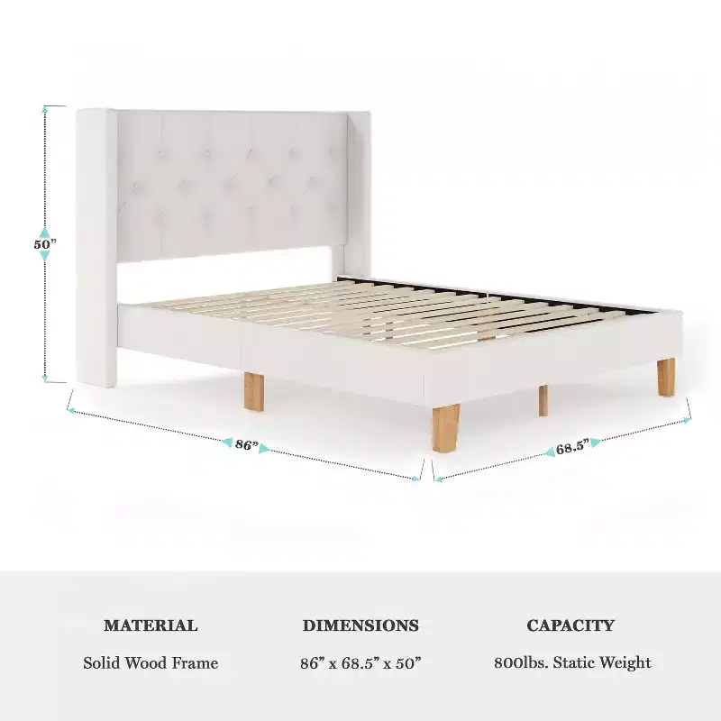 Lit plateforme rembourré avec tête de lit capitonnée à oreilles et longerons latéraux matelassés