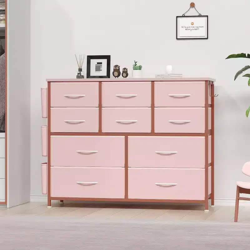 Commode en tissu à 10 tiroirs avec plateau en bois, poches latérales et crochets pour chambre à coucher