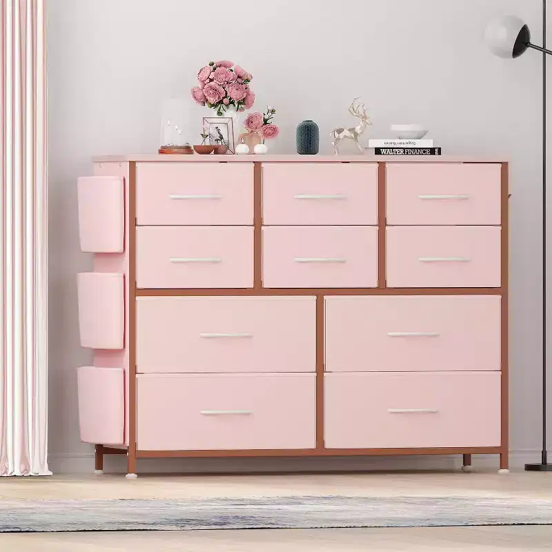 Commode en tissu à 10 tiroirs avec plateau en bois, poches latérales et crochets pour chambre à coucher