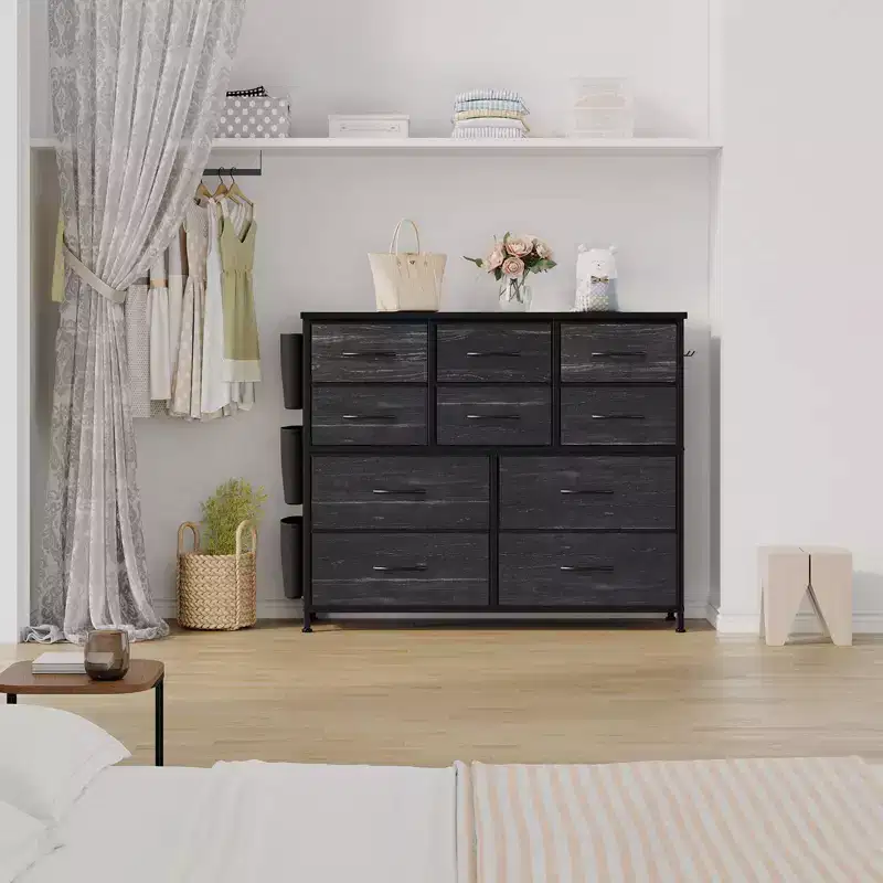 Commode en tissu à 10 tiroirs avec plateau en bois, poches latérales et crochets pour chambre à coucher