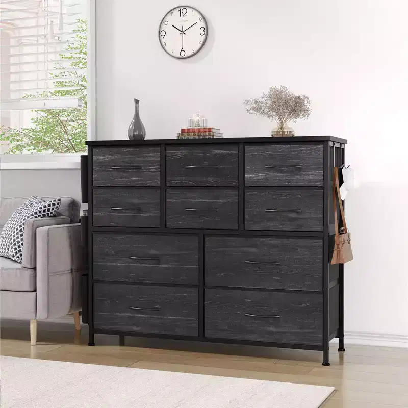 Commode en tissu à 10 tiroirs avec plateau en bois, poches latérales et crochets pour chambre à coucher