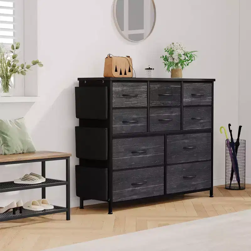 Commode en tissu à 10 tiroirs avec plateau en bois, poches latérales et crochets pour chambre à coucher