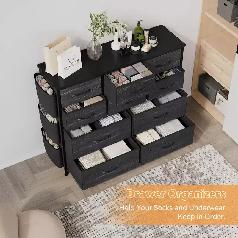 Commode en tissu à 10 tiroirs avec plateau en bois, poches latérales et crochets pour chambre à coucher