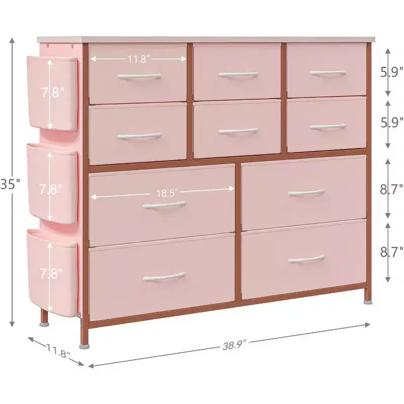 Commode en tissu à 10 tiroirs avec plateau en bois, poches latérales et crochets pour chambre à coucher