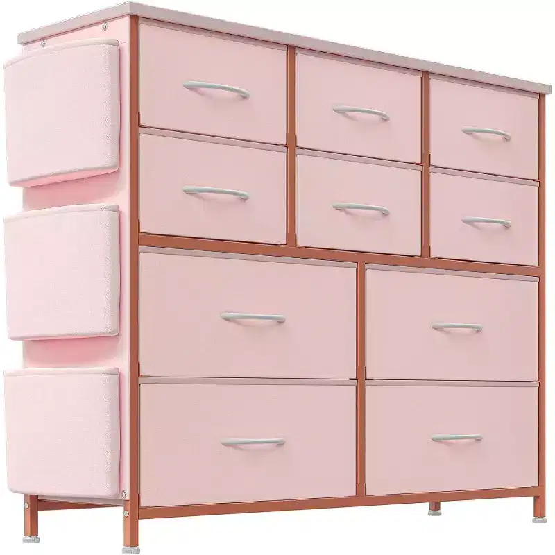 Commode en tissu à 10 tiroirs avec plateau en bois, poches latérales et crochets pour chambre à coucher