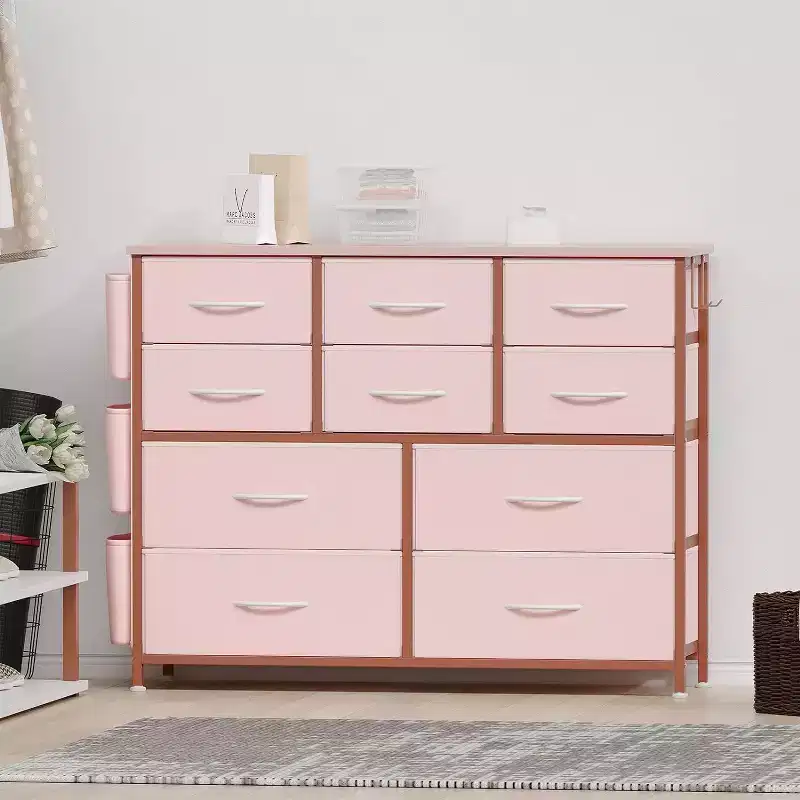 Commode en tissu à 10 tiroirs avec plateau en bois, poches latérales et crochets pour chambre à coucher