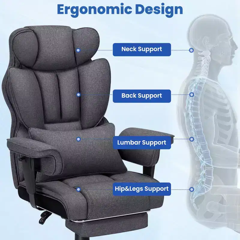 Fauteuil de bureau ergonomique en lin pour cadres, 200 kg, avec support lombaire massant 2 points