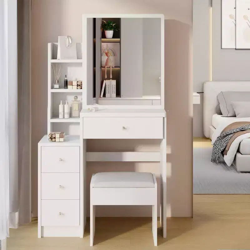 Coiffeuse avec miroir lumineux et table, petite coiffeuse d'angle avec rangement pour la gauche du lit