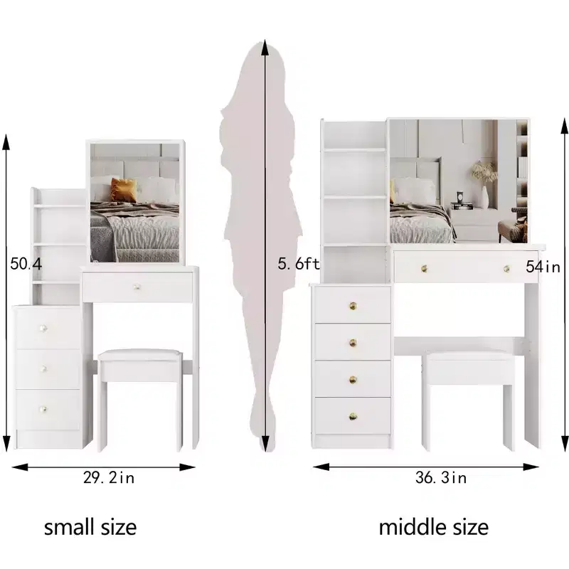 Coiffeuse avec miroir lumineux et table, petite coiffeuse d'angle avec rangement pour la gauche du lit