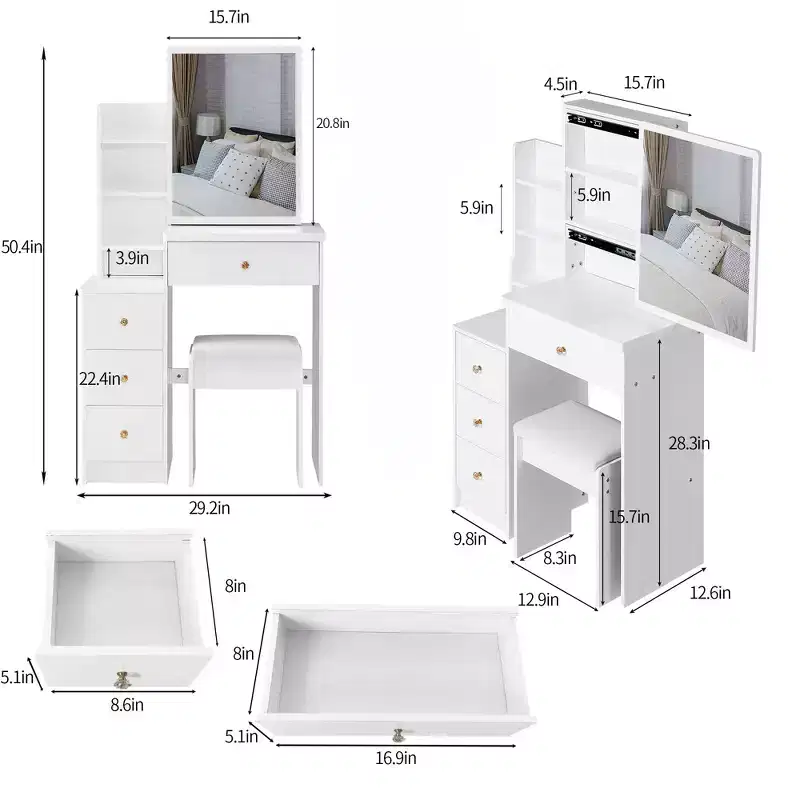 Coiffeuse avec miroir lumineux et table, petite coiffeuse d'angle avec rangement pour la gauche du lit
