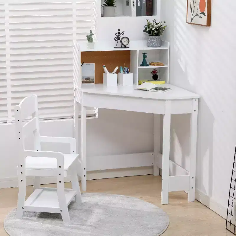 Bureau et chaise d'étude pour enfants, Table d'étude d'angle pour enfants avec étagère, Chaise réglable