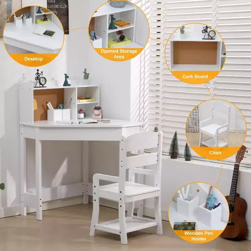 Bureau et chaise d'étude pour enfants, Table d'étude d'angle pour enfants avec étagère, Chaise réglable