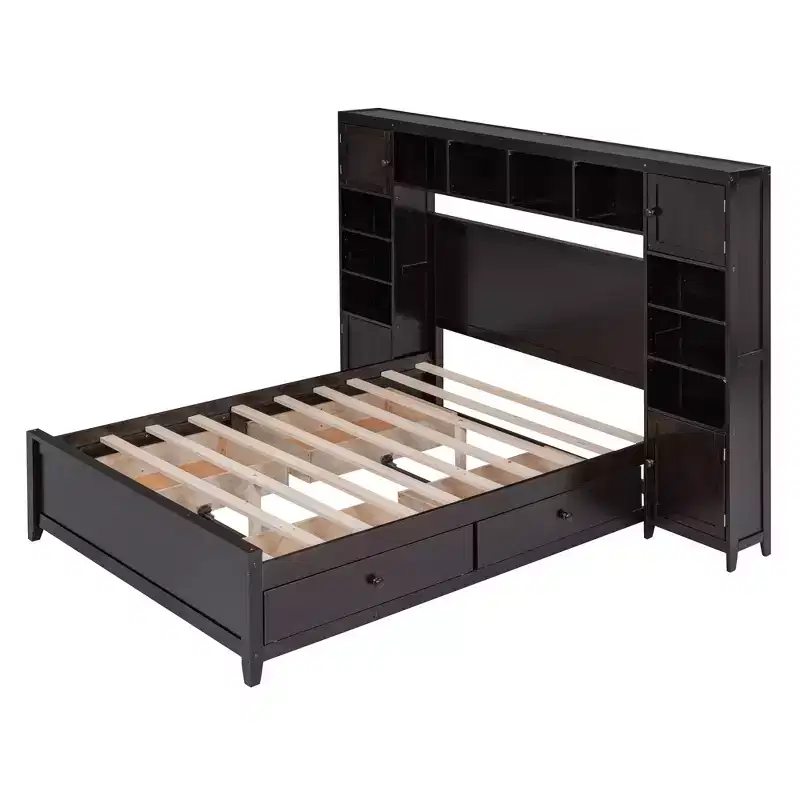 Lit double en bois avec meuble de rangement tout-en-un et 10 étagères