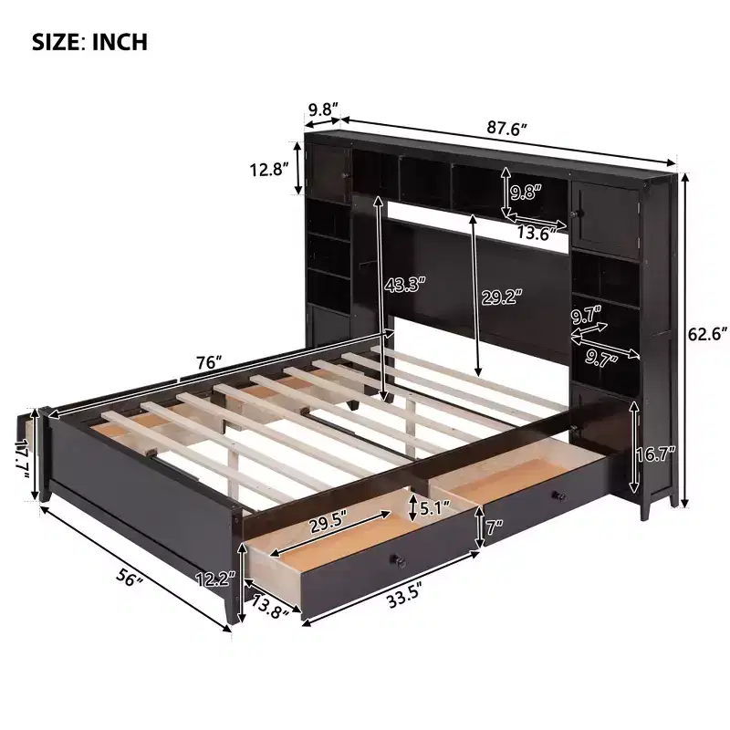Lit double en bois avec meuble de rangement tout-en-un et 10 étagères