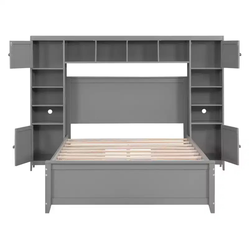 Lit double en bois avec meuble de rangement tout-en-un et 10 étagères