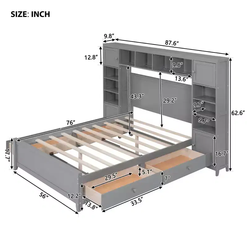 Lit double en bois avec meuble de rangement tout-en-un et 10 étagères