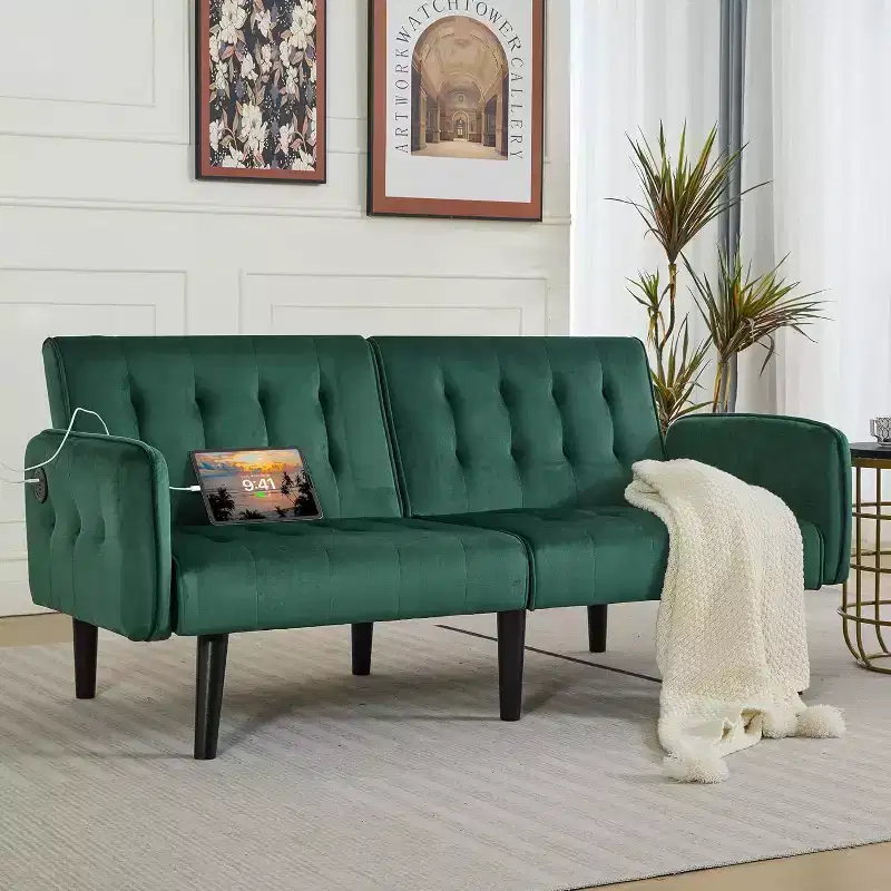 Canapé-lit futon convertible en similicuir, canapé rembourré moderne avec USB