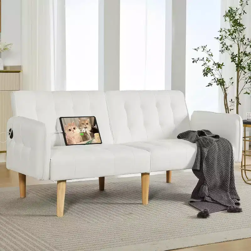 Canapé-lit futon convertible en similicuir, canapé rembourré moderne avec USB