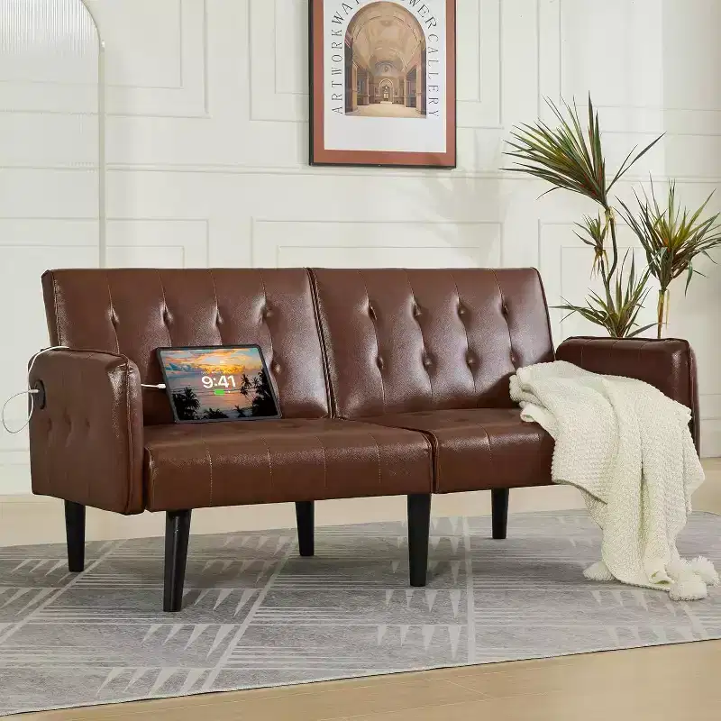 Canapé-lit futon convertible en similicuir, canapé rembourré moderne avec USB