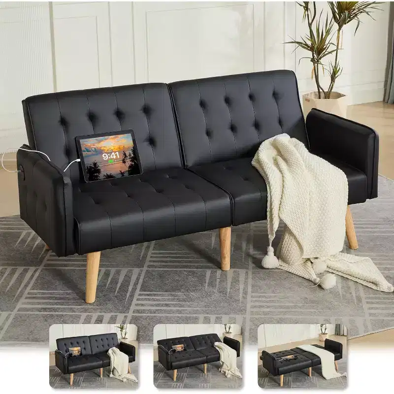 Canapé-lit futon convertible en similicuir, canapé rembourré moderne avec USB