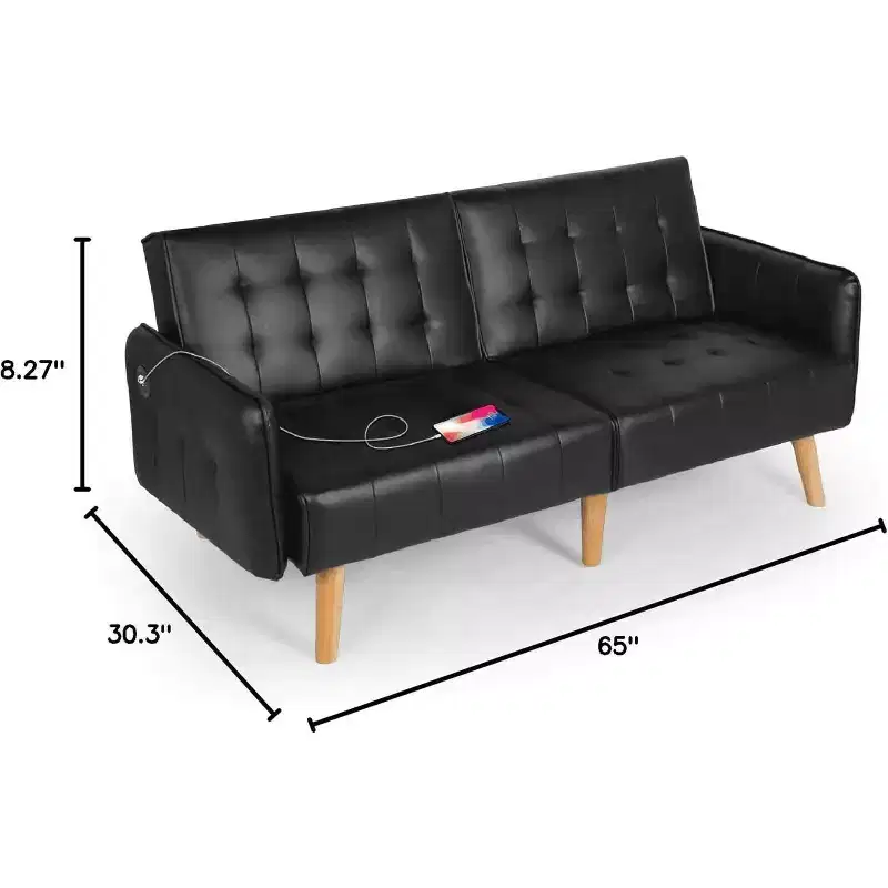 Canapé-lit futon convertible en similicuir, canapé rembourré moderne avec USB