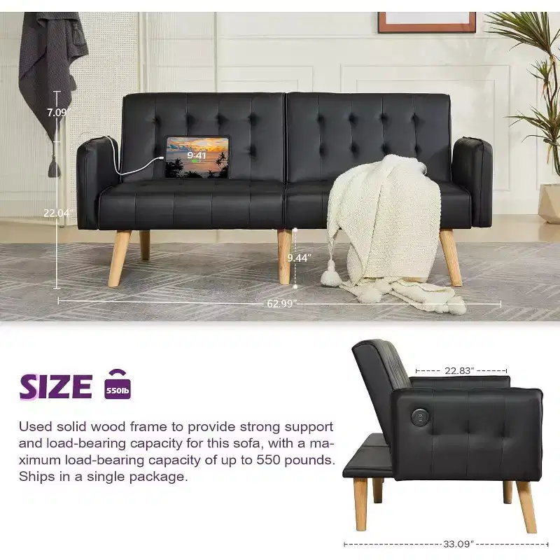 Canapé-lit futon convertible en similicuir, canapé rembourré moderne avec USB