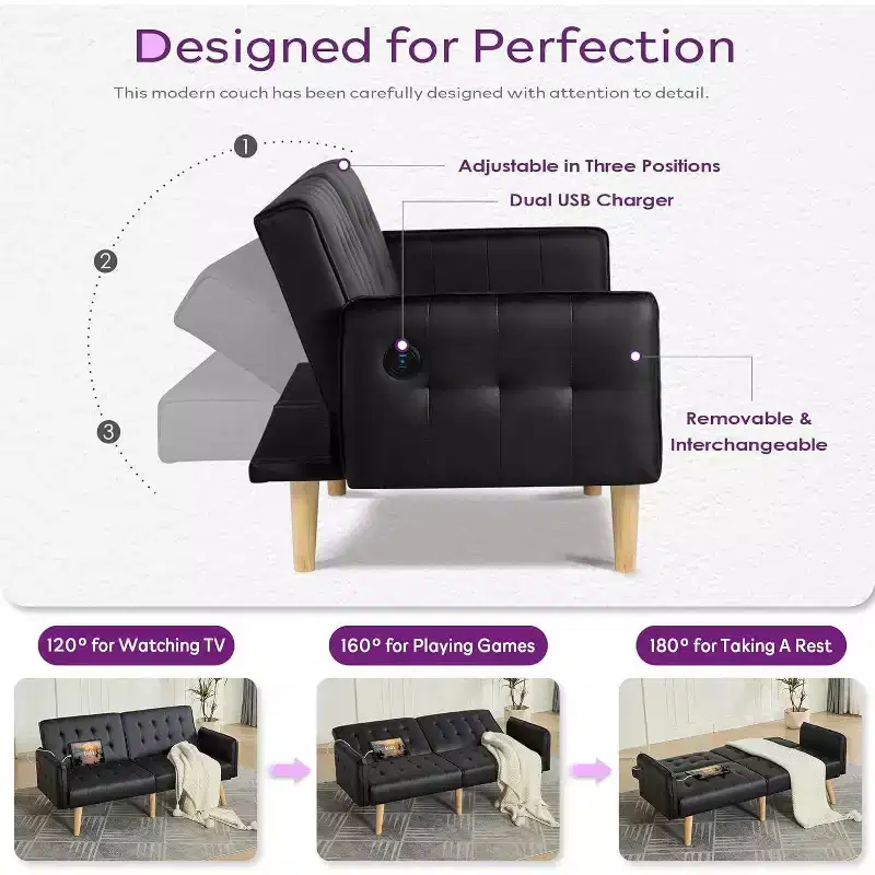 Canapé-lit futon convertible en similicuir, canapé rembourré moderne avec USB