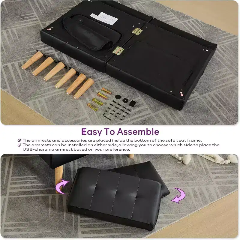 Canapé-lit futon convertible en similicuir, canapé rembourré moderne avec USB
