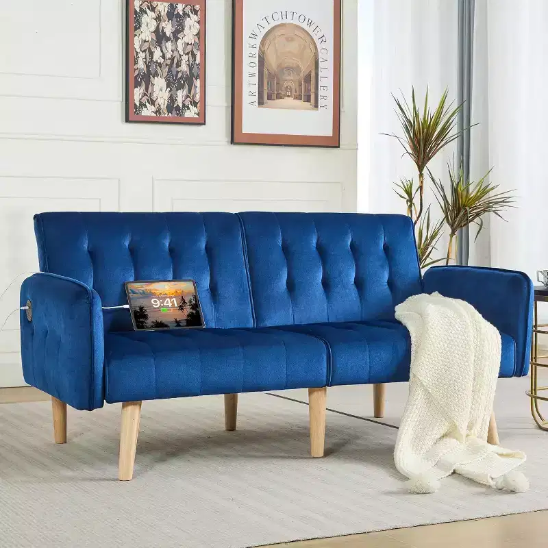 Canapé-lit futon convertible en similicuir, canapé rembourré moderne avec USB