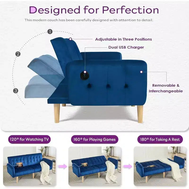 Canapé-lit futon convertible en similicuir, canapé rembourré moderne avec USB