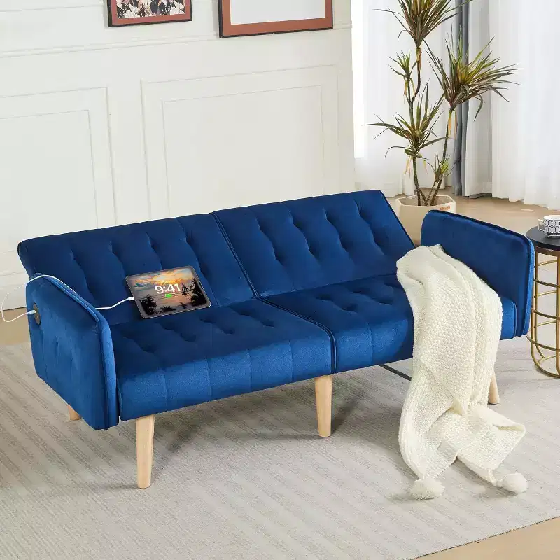 Canapé-lit futon convertible en similicuir, canapé rembourré moderne avec USB