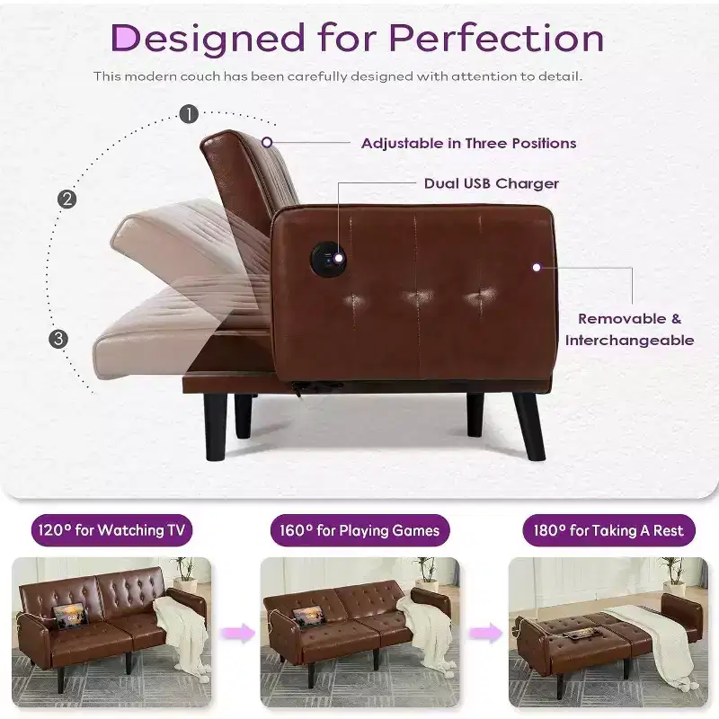 Canapé-lit futon convertible en similicuir, canapé rembourré moderne avec USB