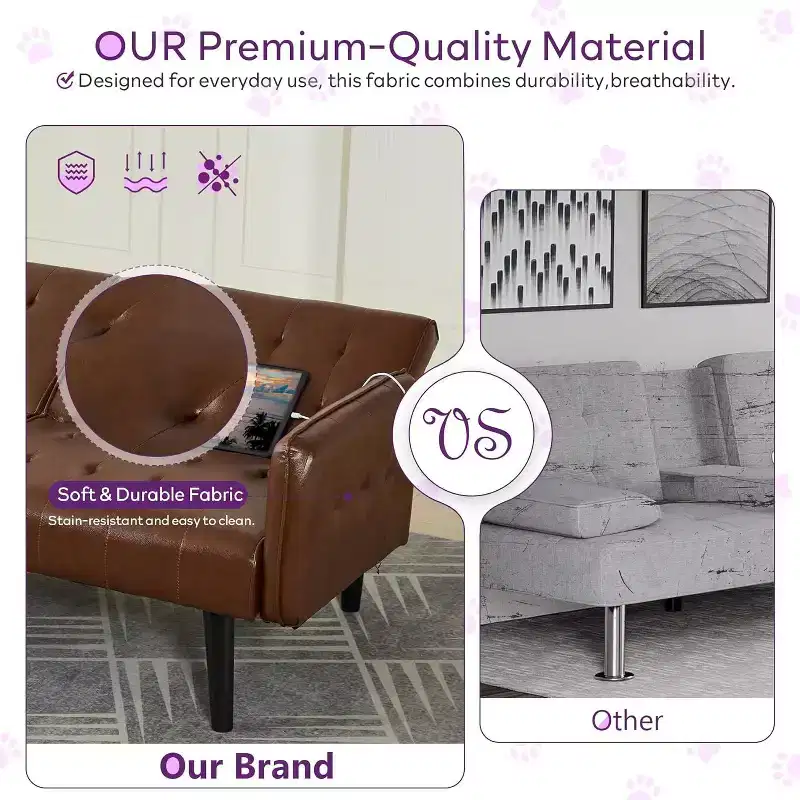 Canapé-lit futon convertible en similicuir, canapé rembourré moderne avec USB