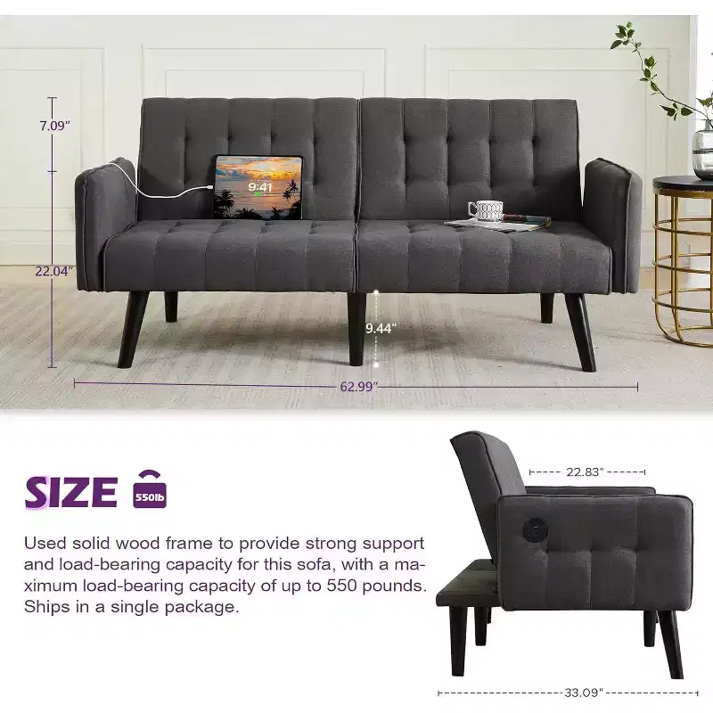 Canapé-lit futon convertible en similicuir, canapé rembourré moderne avec USB