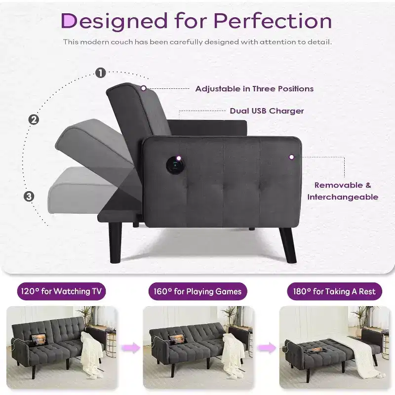Canapé-lit futon convertible en similicuir, canapé rembourré moderne avec USB