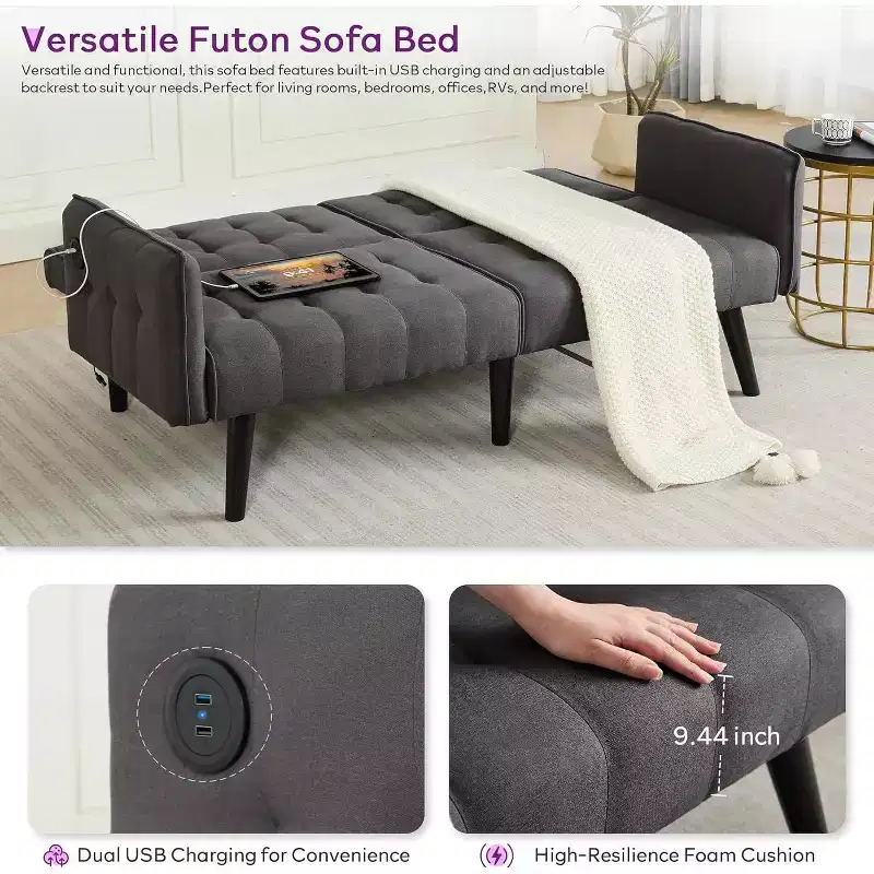 Canapé-lit futon convertible en similicuir, canapé rembourré moderne avec USB