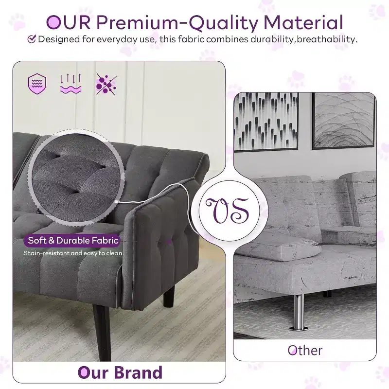 Canapé-lit futon convertible en similicuir, canapé rembourré moderne avec USB