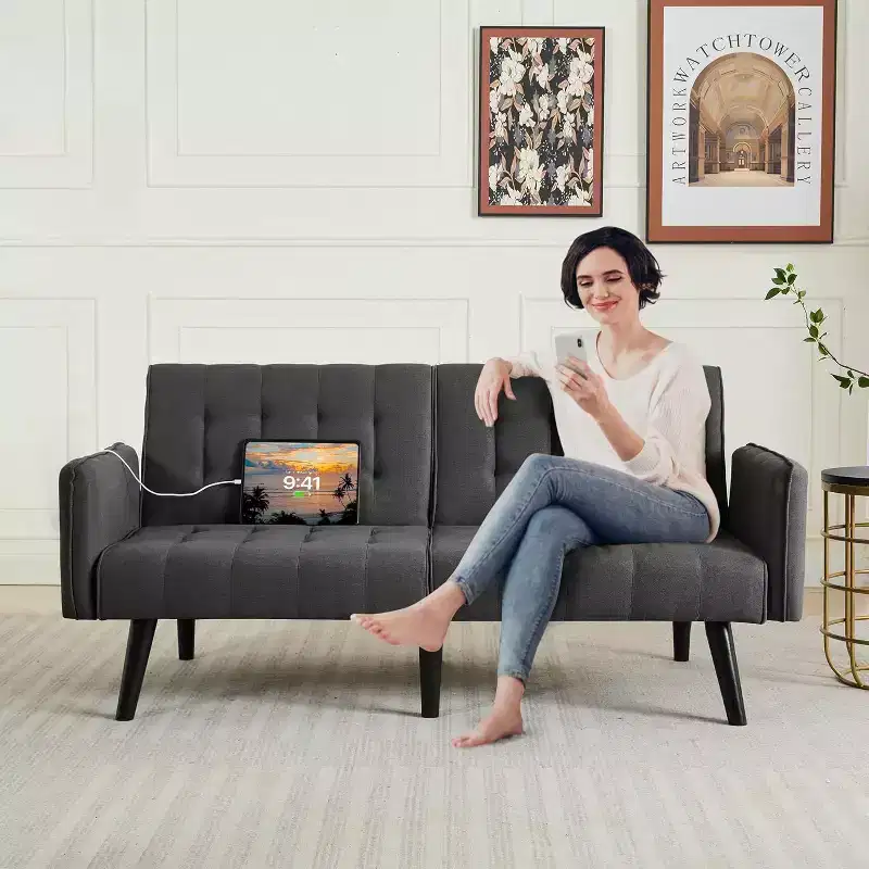 Canapé-lit futon convertible en similicuir, canapé rembourré moderne avec USB