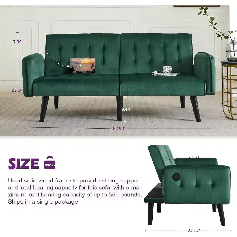 Canapé-lit futon convertible en similicuir, canapé rembourré moderne avec USB