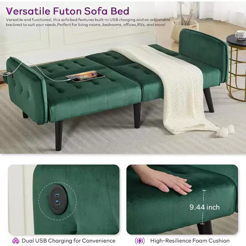 Canapé-lit futon convertible en similicuir, canapé rembourré moderne avec USB