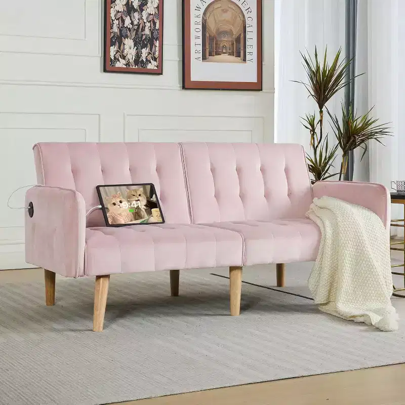 Canapé-lit futon convertible en similicuir, canapé rembourré moderne avec USB
