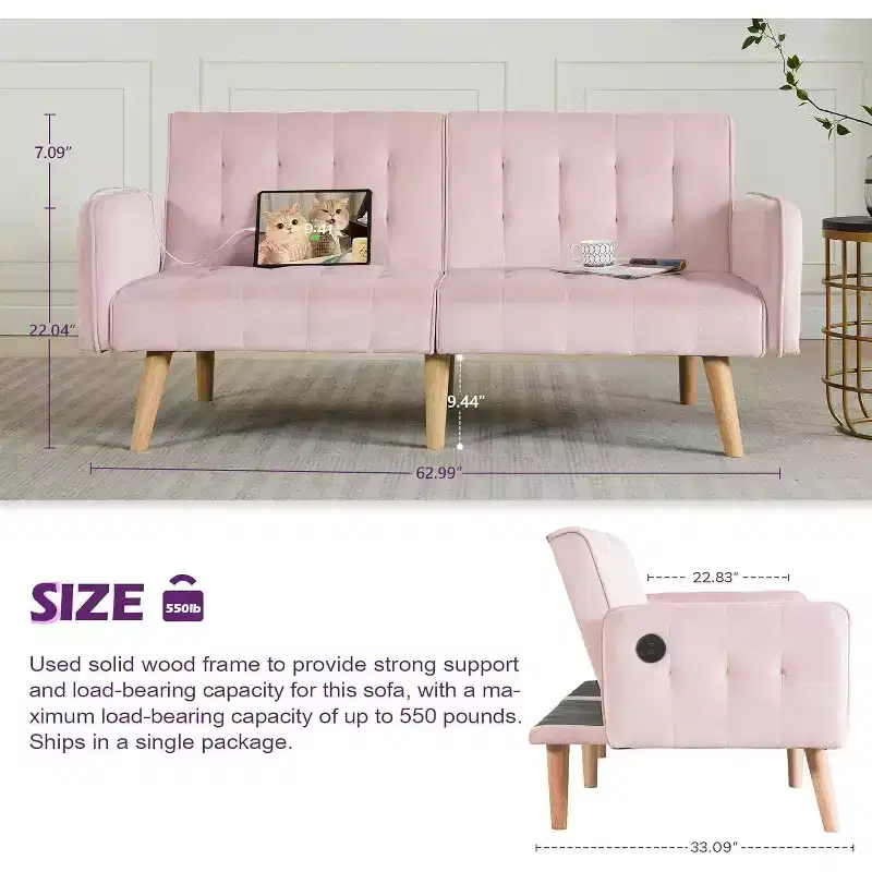 Canapé-lit futon convertible en similicuir, canapé rembourré moderne avec USB