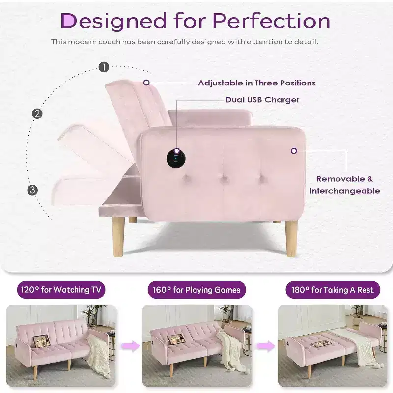 Canapé-lit futon convertible en similicuir, canapé rembourré moderne avec USB